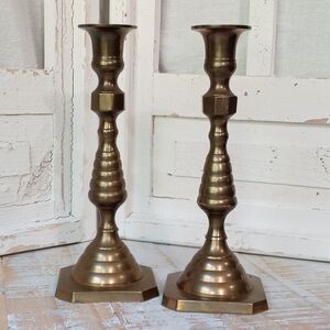 Vintage Solid Brass Beehive Diamond 8" Candlesticks Boho Regency Cottage Set (2)
